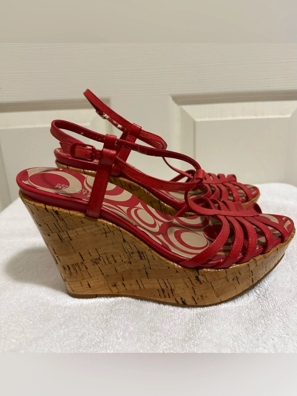 Kenneth Cole Reaction Red Strappy Cork Wedge Sandals